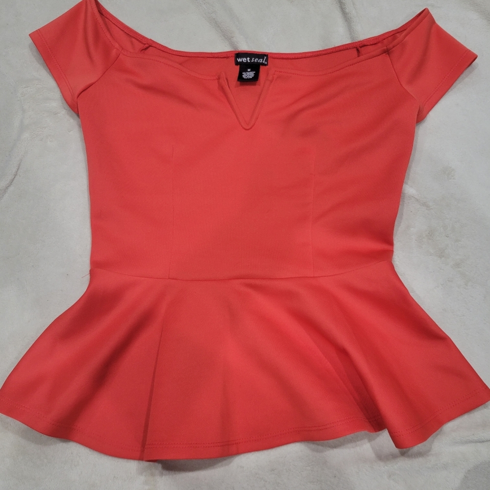 Red off-shoulder peplum top with v-neck boning